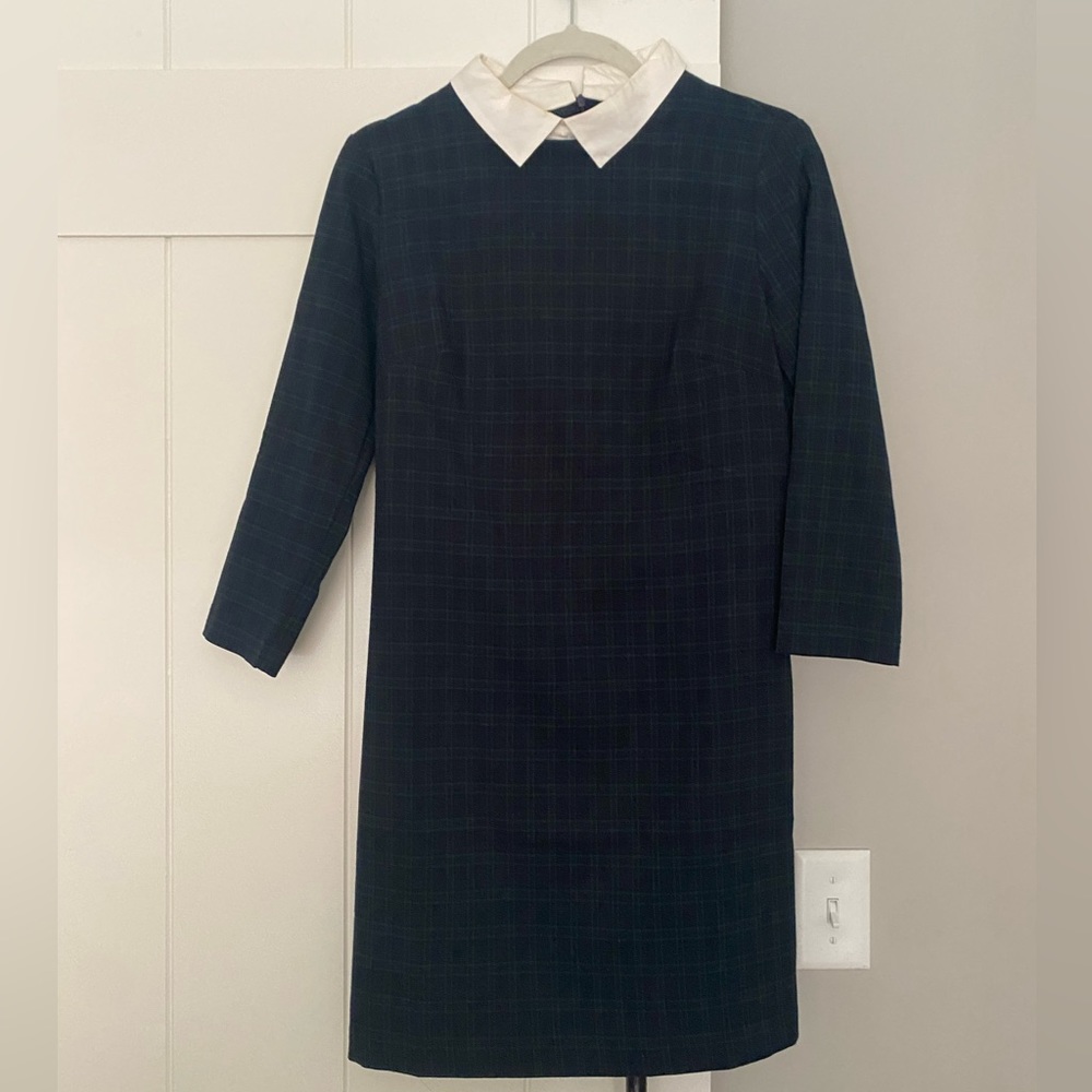 Dark forest green houndstooth checkered mini dress poplin collar